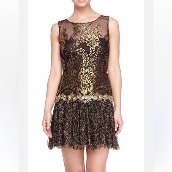 Marchesa Dresses & Skirts - Marchesa Notte Metallic dropwaist lace gold black mini short dress 6